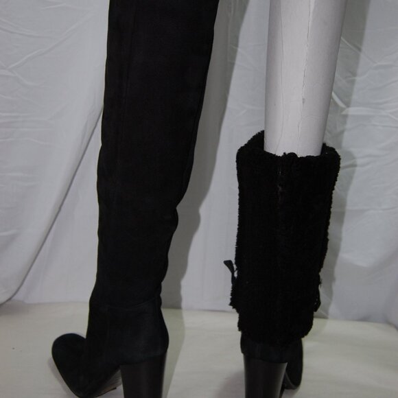 39.5/9.5❤️PRADA Black Slouch Shearling Suede Leather Over Knee High Heels Boots - Picture 7 of 13